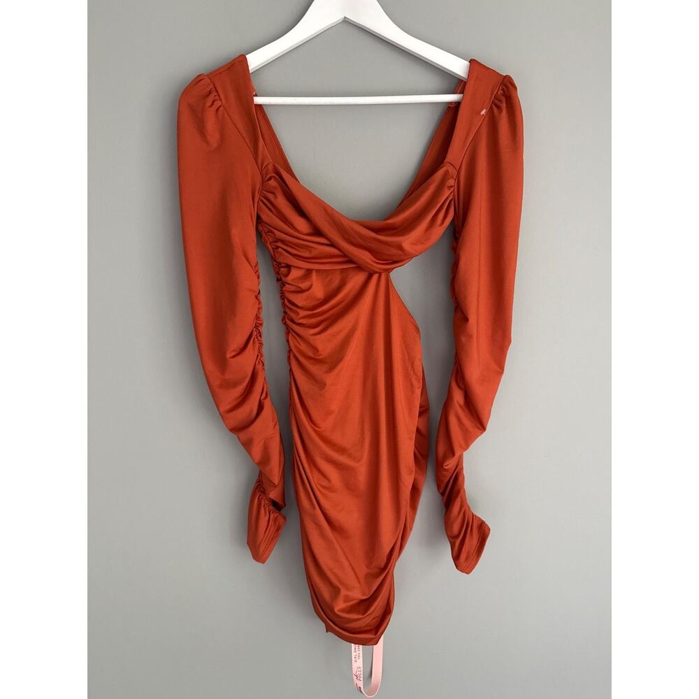 NWT Oh Polly US 4 Rust Orange Ruched Mini Dress Long Sleeve Cutout Open Back